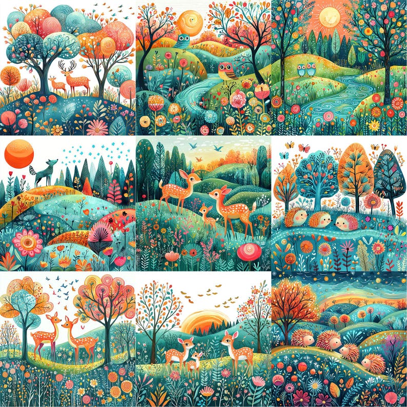 a painting of a landscape with trees and animals