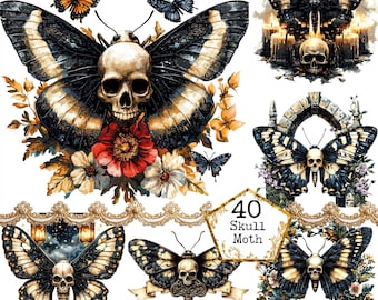 Paquete de imágenes prediseñadas de polilla con calavera JPEG, polilla gótica, polilla no muerta vintage, imágenes prediseñadas de uso comercial, descarga instantánea, manualidades de papel, diario basura, álbumes de recortes