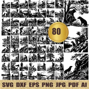 Może przedstawiać: Zestaw 80 czarno-białych plików SVG z sylwetkami przedstawiającymi myśliwych, psy i sceny z natury. Pliki idealnie nadają się do tworzenia niestandardowych projektów, takich jak naklejki, tabliczki i wiele innych.