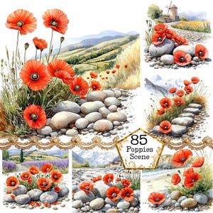 Paquete de imágenes prediseñadas de amapolas rojas en acuarela JPEG, imágenes prediseñadas de paisajes primaverales, paisajes cottagecore, descarga instantánea, manualidades de papel, diario basura, álbumes de recortes