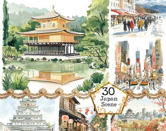 Paquete de imágenes prediseñadas de Japón en acuarela JPEG, imágenes prediseñadas asiáticas, imágenes prediseñadas de países, imágenes prediseñadas de islas, descarga instantánea, manualidades de papel, diario basura, álbumes de recortes