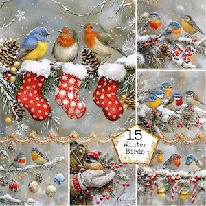 JPEG Christmas Birds Christmas Decor Christmas Shop Graphics Commercial Use Woodland Instant Download Paper Crafts Junk Journal Scrapbooking
