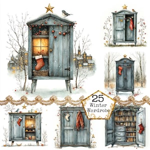 JPEG aquarelle vintage hiver penderie Clipart Bundle Fantasy penderie des cliparts téléchargement immédiat papier artisanat indésirable Journal Scrapbooking