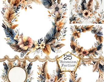 May include: A set of 25 digital watercolor illustrations featuring bohemian wreaths with feathers, flowers, and leaves in shades of brown, beige, and blue. The wreaths are perfect for creating invitations, cards, and other digital designs.