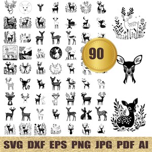 90 Whimsical Reh svg, dxf, eps, ai, pdf, jpg, png Hirsch SVG-Schnittdateien für Cricut, Hirsch Silhouette, Elch zwart - Hirschgeweih, Hörner svg