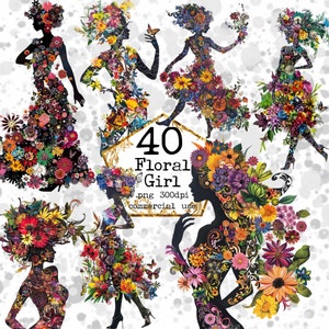 Floral Girl Clipart Bundle Girl Sublimation Design PNG Silhueta PNG Uso Comercial Download Instantâneo Papel Artesanato Junk Journal Scrapbooking