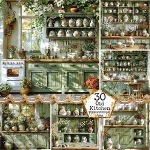 JPEG Shabby Chic rustieke groene keuken clipart bundel hoge kwaliteit aquarel JPGs Instant Download papier ambachten ongewenste dagboek scrapbooking