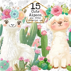 PNG Alpaca e Cactus Clipart Bundle Illustrazione Lama Illustrazione Clipart Grafica Download immediato Artigianato di carta Junk Journal Scrapbooking