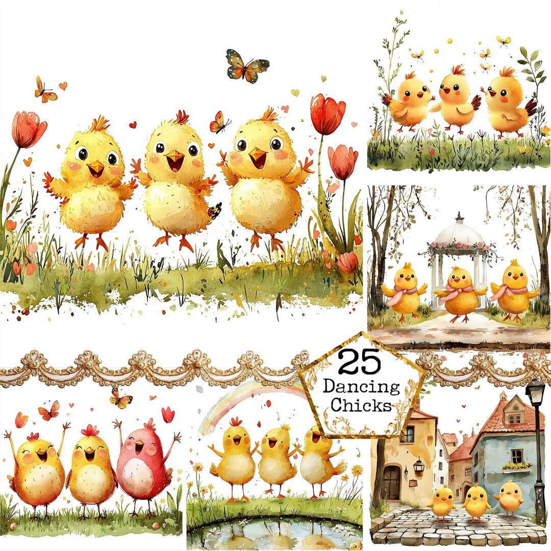 JPEG Watercolor Cute Dancing Chicks Clipart Bundle Easter Chicken ...