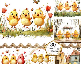 JPEG Watercolor Cute Dancing Chicks Clipart Bundle Easter Chicken Spring Chicken Art Instant Download Paper Crafts Junk Journal Scrapbooking