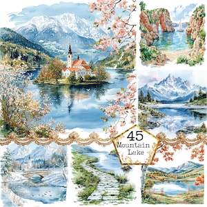 JPEG aquarel lente bergmeer clipart bundel bloemen meer clipart lente bloem Instant Download papier ambachtelijke ongewenste dagboek scrapbooking