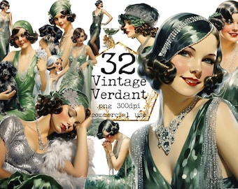 Vintage Green Clipart Bundle, Clipart PNG, Victorian Png, Flapper Dress, Lady, Romantic, Scrapbook, Junk Journal, Paper Crafts Scrapbooking