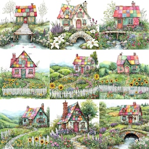 May include: Nine whimsical patchwork houses with colorful roofs and gardens. Each house has a unique design and is surrounded by flowers, trees, and fences. Some houses have bridges and streams.