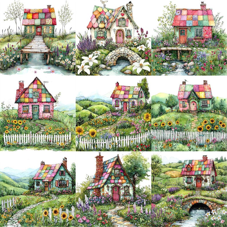May include: Nine whimsical patchwork houses with colorful roofs and gardens. Each house has a unique design and is surrounded by flowers, trees, and fences. Some houses have bridges and streams.