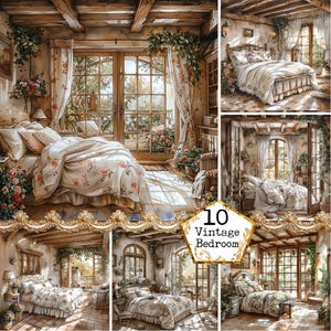 Paquete de imágenes prediseñadas de dormitorio vintage en acuarela JPEG de alta calidad, arte acogedor para el hogar, descarga instantánea, manualidades en papel, diario basura, álbumes de recortes