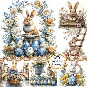 JPEG Acquerello Pasqua Coniglio Scene Clipart Bundle Grande Collezione Pasqua Elementi Download Istantaneo Carta Artigianato Junk Journal Scrapbooking