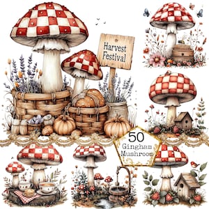PNG + JPEG aquarelle champignon Vichy Clipart Bundle Champignon magique magique Woodland Image Téléchargement instantané Paper Craft Junk Journal Scrapbooking
