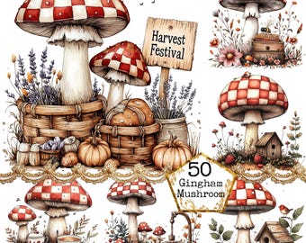 PNG + JPEG Aquarell Gingham Pilz Clipart Bundle Magischer Pilz Wald Bild Sofortiger Download Papier Handwerk Junk Journal Scrapbooking