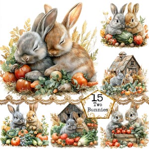 JPEG Aquarelle deux lapins dans un jardin végétarien Clipart Bundle usage commercial Téléchargement instantané Papier Artisanat indésirable Journal Scrapbooking