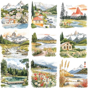 May include: A collage of ten watercolor paintings depicting various landscapes. The paintings feature mountains, rivers, lakes, forests, and houses. The colors are bright and vibrant, and the style is whimsical and charming.