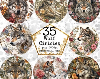 Watercolor Wolf Circular Sublimation Designs Clipart Bundle Floral Wolf Clipart Instant Download Paper Crafts Junk Journal Scrapbooking