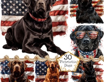 May include: A collage of 30 patriotic dog images featuring black Labrador Retrievers with red, white and blue American flag backgrounds. The dogs are wearing patriotic accessories such as bandanas and sunglasses.