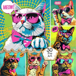 JPEG Komiksowe koty Meow Tło Pop Art Komiks Styl Tło Fantasy Retro Tło Natychmiastowe pobieranie Papierowe rzemiosło Junk Dziennik Scrapbooking