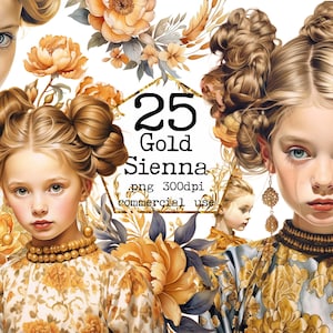 Oro acuarela Vintage Little Girl Clipart set Fashion Girl PNG Digital, fabricación de tarjetas Scrapbook Junk Journal Paper Crafts, uso comercial