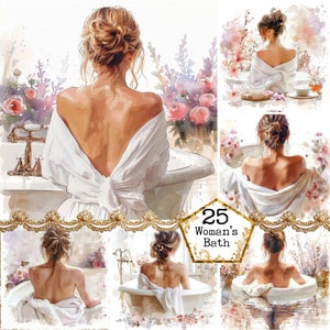JPEG vrouw in bad clipart bundel Shabby chique badkamer afdrukbare aquarel clipart Instant Download papier ambachten ongewenste dagboek scrapbooking
