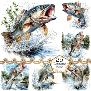 JPEG aquarelle achigan sautant Bundle poisson Clipart pêche Clipart commercial téléchargement immédiat papier artisanat indésirable Journal Scrapbooking