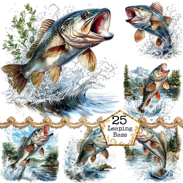 Paquete de imágenes prediseñadas de bajo saltador en acuarela JPEG, imágenes prediseñadas de peces, imágenes prediseñadas de pesca, descarga instantánea comercial, manualidades de papel, diario basura, álbumes de recortes