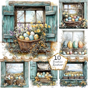 Bundle de cliparts JPG aquarelle bleu rustique avec fenêtres et oeufs de Pâques Cottagecore Clipart Téléchargement instantané Paper Craft Junk Journal Scrapbooking