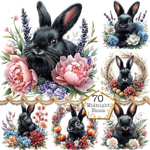 JPEG Watercolor Black Spring Rabbit Clipart Bundle Cute Bunny Clipart Spring Flowers Instant Download Paper Crafts Junk Journal Scrapbooking