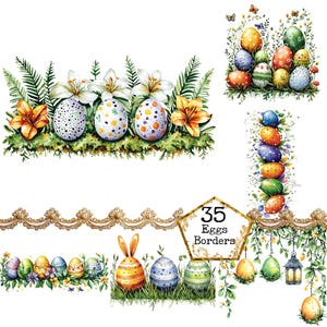 PNG + JPEG aquarelle oeuf de Pâques bordures Clipart printemps bordures printemps cadres Clipart Instant Download Paper Craft Junk Journal Scrapbooking