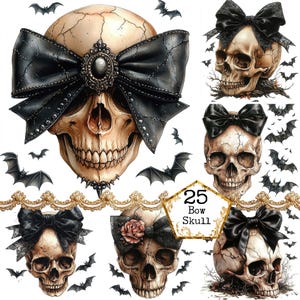 JPEG Schädel mit Schleife Clipart Bundle Fantasy Schädel Gothic Schädel Kommerzielle Nutzung Sofort Download Papier Handwerk Junk Journal Scrapbooking