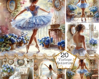 JPEG acuarela Shabby Chic Ballerina JPEG Descarga instantánea Interiores Clipart Shabby Chic Fondos Papel Artesanía Junk Journal Scrapbooking