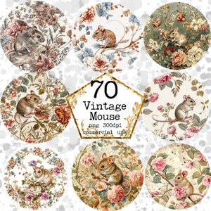 Aquarelle vintage souris sublimation circulaire Design Clipart Bundle Floral souris PNG téléchargement immédiat papier artisanat indésirable journal Scrapbooking