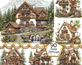 JPEG Watercolor Fairy House Clipart Bundle Forest House Forest Cottage Clipart Instant Download Paper Crafts Junk Journal Scrapbooking