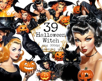 Retro Halloween Witch Clipart PNG Bundle, Transparent '50s PNG Pumpkin PNG Witch Clipart Scrapbook, Junk Journal, Paper Crafts, Scrapbooking