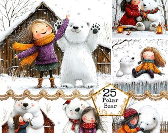 Paquete de imágenes prediseñadas de oso polar y niña caprichosa en acuarela JPEG, descarga instantánea de acuarela de invierno, manualidades con papel, diario basura, álbumes de recortes