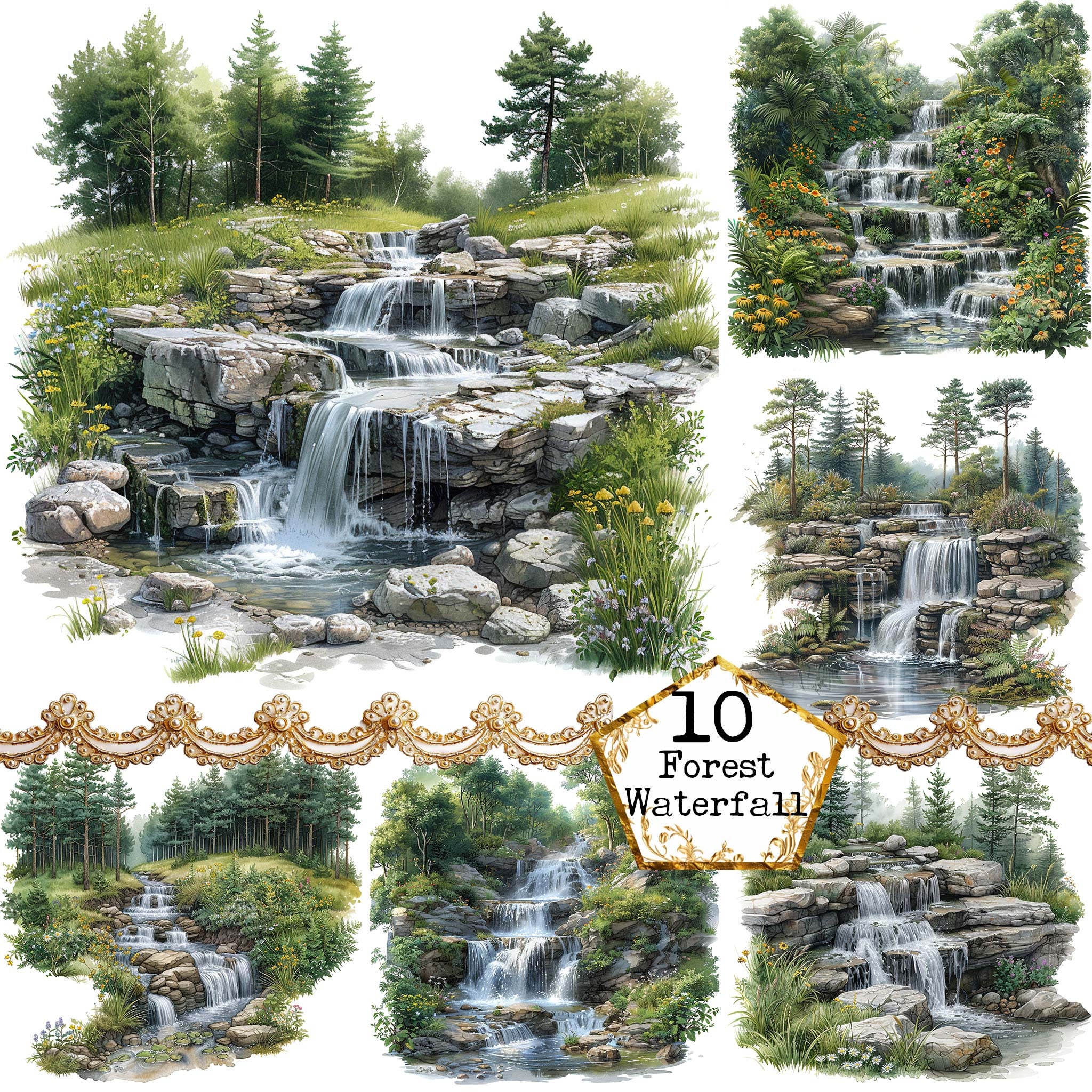 JPEG Watercolor Forest Waterfall JPEG Nature Clipart Landscape Clipart Watercolor Instant Download Paper Crafts Junk Journal Scrapbooking
