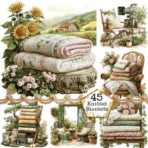Peut inclure: Un collage d'images présentant des piles de couvertures en tricot de différentes couleurs et motifs. Les images sont situées dans un cadre rustique et champêtre avec des fleurs, de la verdure et des meubles anciens. Le texte "45 Knitted Blankets" est affiché dans un cadre doré.