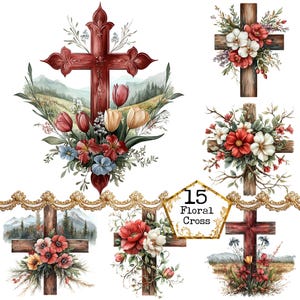PNG + JPEG aquarelle floral croix Clipart Bundle Clipart religieux Clipart chrétien Téléchargement instantané Paper Craft Junk Journal Scrapbooking