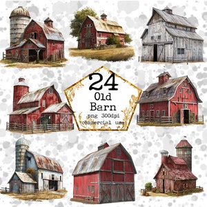 May include: Watercolor illustrations of old barns in various styles. The barns are primarily red with weathered wood and rusty metal roofs. Some images include silos and surrounding farmland. The text "24 Old Barn" is also visible.
