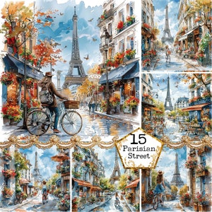 JPEG Acquerello Ragazza in bici a Parigi Clipart Bundle JPEG City Street Clipart Download immediato Artigianato di carta Junk Journal Scrapbooking