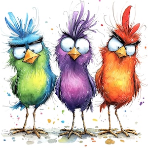three colorful birds are standing next to each other