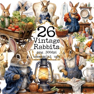 PNG Cute Vintage Bunny Watercolor Clipart Bundle PNG fantasy Rabbit Fantasy Art Clipart Paper craft - Junk Journal Scrapbooking