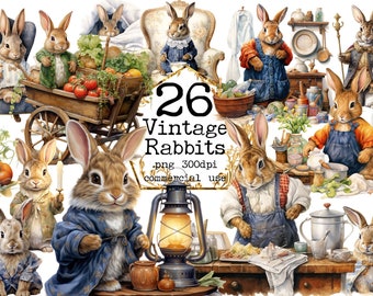 PNG Cute Vintage Bunny Watercolor Clipart Bundle PNG fantasy Rabbit Fantasy Art Clipart Paper craft - Junk Journal Scrapbooking