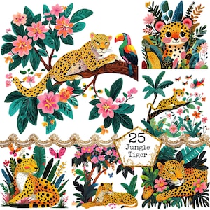PNG + JPEG Jungle Tigrou Clipart Bundle Graphismes De La Jungle Végétation Safari Animal Téléchargement Instantané Papier Artisanat Junk Journal Scrapbooking