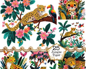 PNG + JPEG Jungle Tigger Clipart Bundle Jungle Graphics Vegetation Safari Animal Instant Download Paper Crafts Junk Journal Scrapbooking